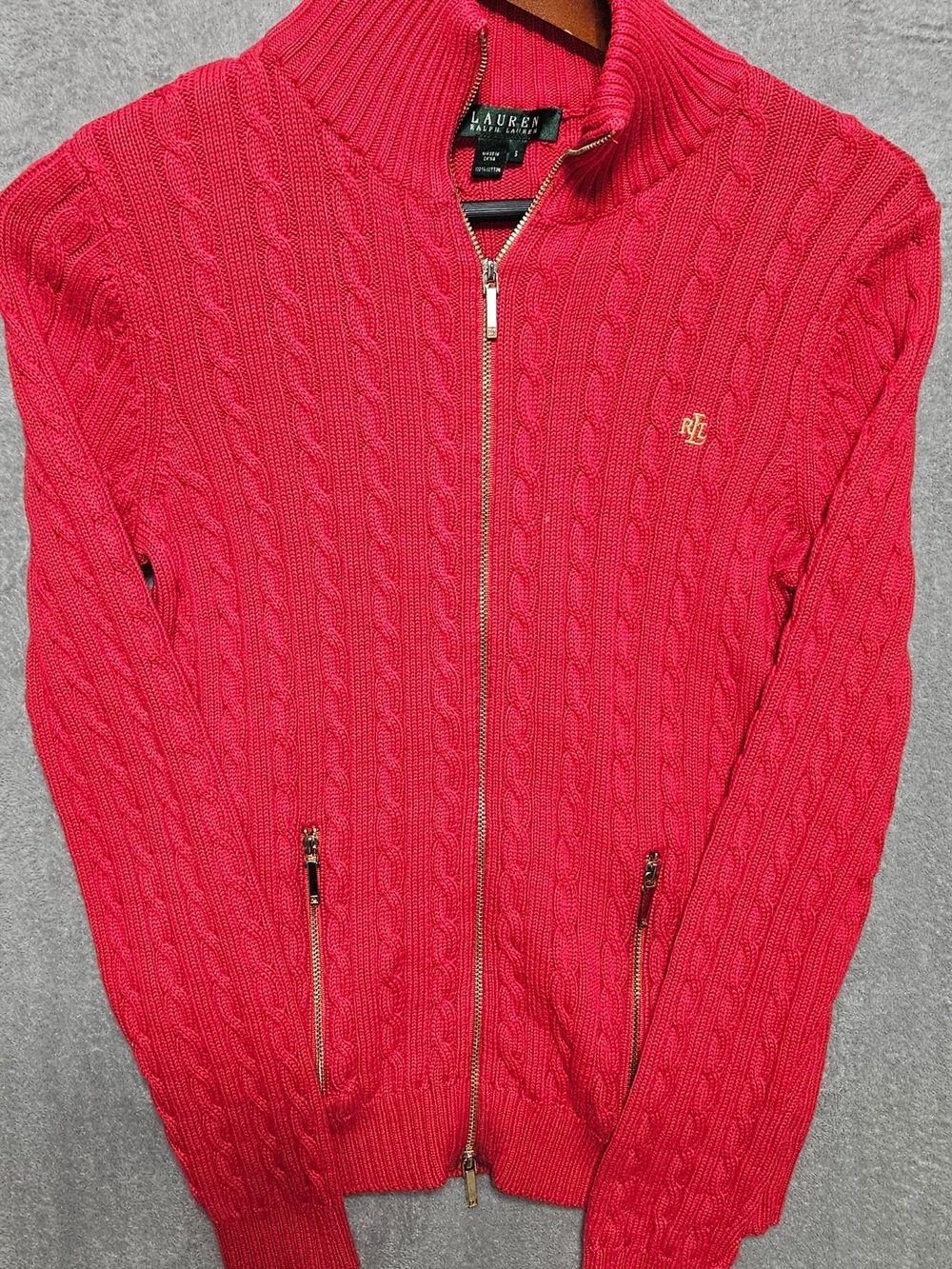 Ralph Lauren Cable Knit Zip Front Sweater - Red